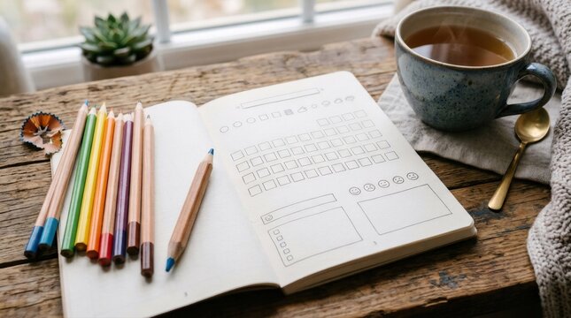 Open journal with mood tracking worksheet, colored pencils, tea, and plant on a rustic table. Self care, emotional wellness, mindfulness, and mental health reflection concept.