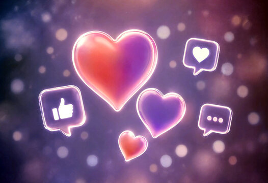 Glowing colorful hearts and social media icons representing love and likes isolated illustration
