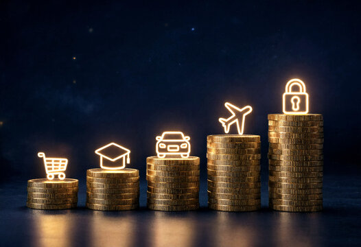Golden coins stacked with glowing icons of shopping education travel car and security concept illustration