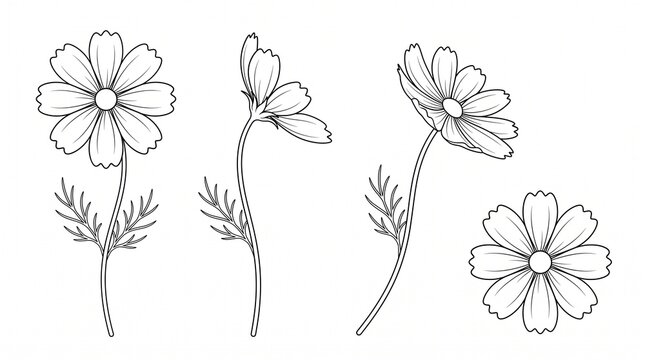 Set of Cosmos Flower Line Art Illustrations Isolated on White Background