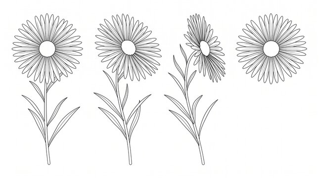 Hand Drawn Daisy Flower Line Art Illustration Set for Coloring Pages and Botanical Design