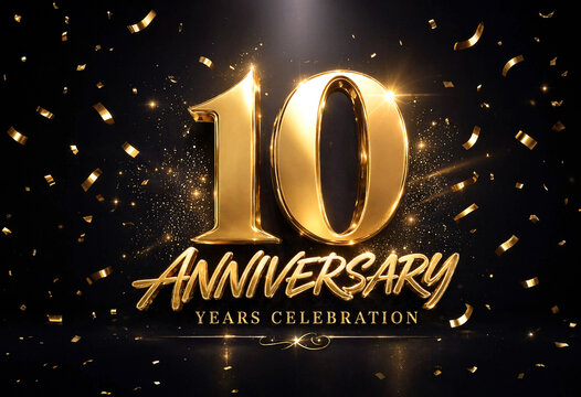 Golden sparkling ten years anniversary celebration with confetti and elegant typography design