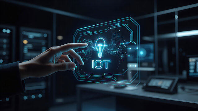 Businessman Touching Digital Holographic Screen Displaying Glowing IoT Lightbulb Icon