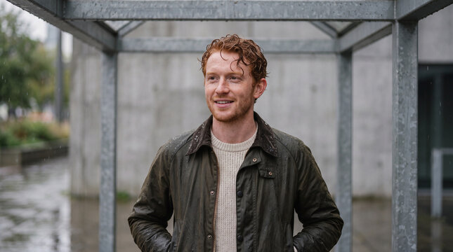 Redhead man standing outdoors under a rain shelter in an urban environment