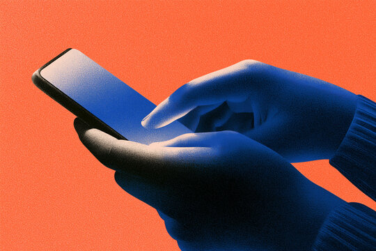 hands holding smartphone in bold blue and orange risograph style textured vintage print, concept of addiction
