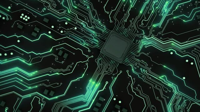 Animated circuit board with a central processor illustrating futuristic computing technology.