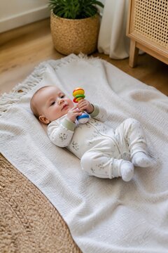Newborn enjoying a colorful rattle on a soft towel