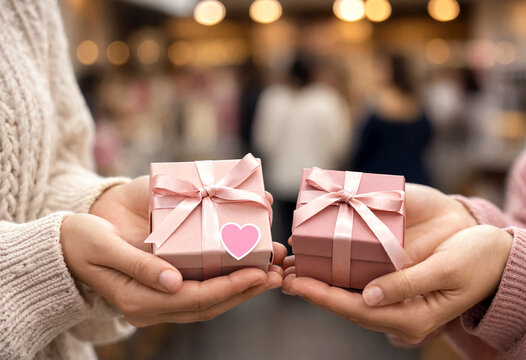 Happy couple exchanging beautifully wrapped pink gift boxes with heart decorations in a cheerful setting