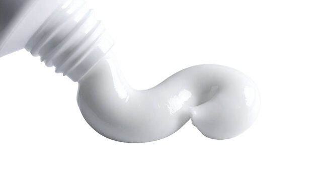 A close-up of white toothpaste being squeezed smoothly from a tube, isolated on transparent background
