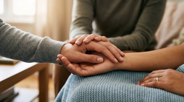 Supportive hands offering comfort during a mental health counseling session. Compassionate care, emotional support, therapy, trust, empathy, and human connection concept.