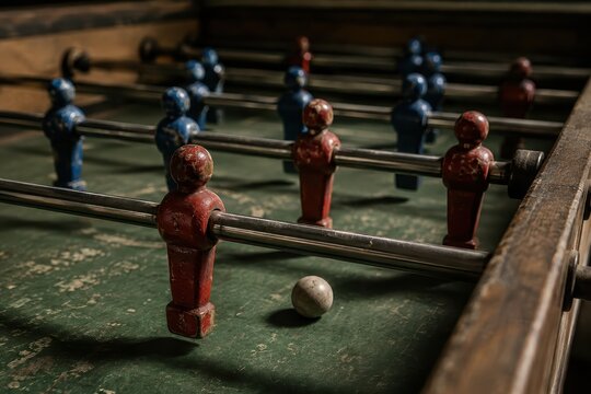 Table football players lined up along a worn game table