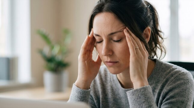 Woman experiencing stress and headache while holding her temples at home. Mental health, anxiety, emotional exhaustion, and psychological wellbeing concept.