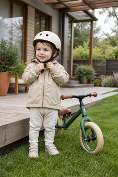 Toddler smiling with helmet beside training bike in garden