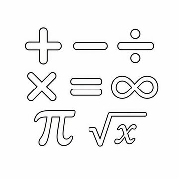 Collection of Mathematical Symbols Including Plus, Minus, Multiply, Divide, Equals, Infinity, Pi, and Square Root