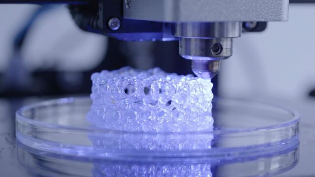Closeup of a 3d printer nozzle extruding material to create a transparent object, industrial manufacturing process, technology and innovation