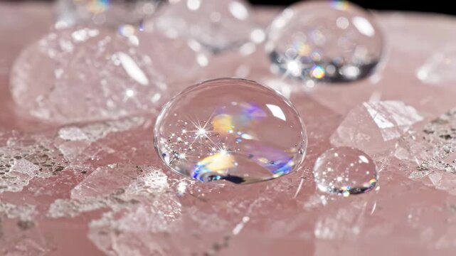 Clear water drops sparkling on a polished pink rose quartz crystal surface, macro nature texture