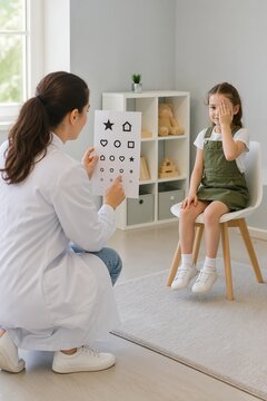 Child undergoing visual test with optometrist in a bright room