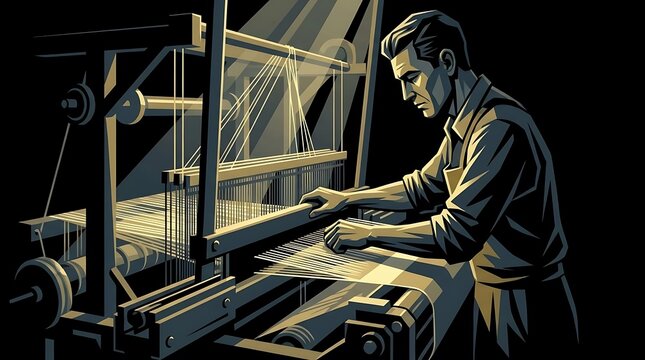 Traditional artisan operating a large weaving loom machine.