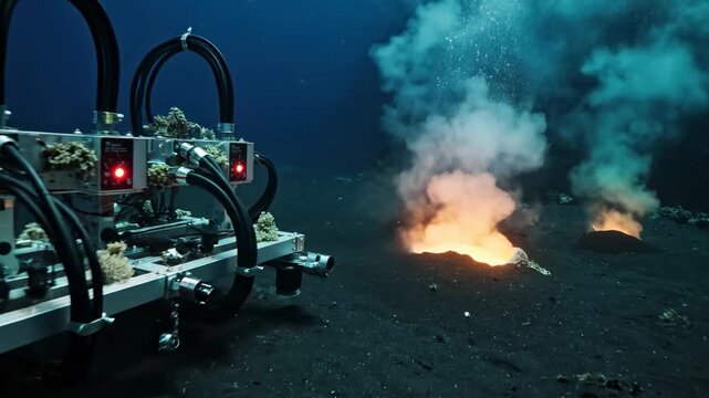 Submersible robot exploring deep sea hydrothermal vents on dark ocean floor, marine research and exploration, underwater technology and geological discovery