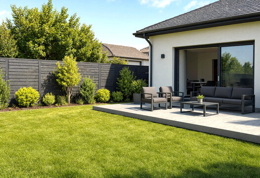 Modern backyard patio with outdoor furniture and wellmaintained lawn beside a contemporary house