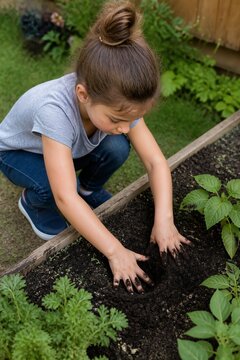 Girl digging soil with hands in a garden