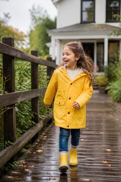 Girl joyfully walking in a raincoat on a sunny pathway