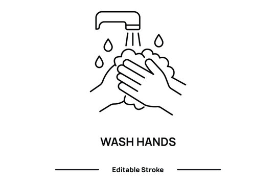 Minimalist wash hands line icon, hygiene and handwashing vector illustration, clean hands with soap and water faucet graphic