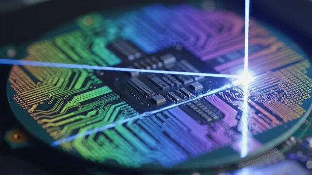 Circuit board wafer with colorful electronic tracks and laser beam processing, microchip production technology