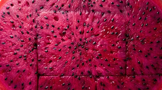 Vibrant Red Dragon Fruit Pulp with Black Seeds Macro Background