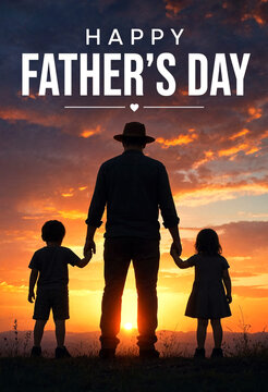 Silhouette of a father holding hands with his two children at sunset for fathers day celebration