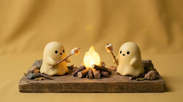 Two cute little ghosts roasting marshmallows over a miniature campfire on a wooden board vector