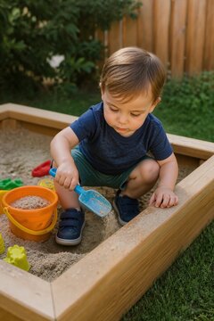 Toddler playing joyfully while digging in sandbox with toys