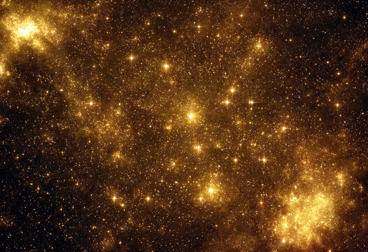 Stunning golden star cluster shining brightly in deep space with cosmic dust and twinkling lights