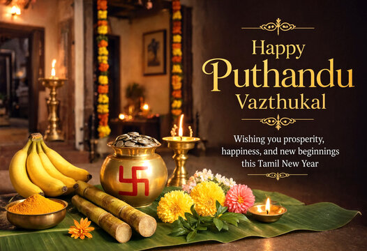 Traditional tamil new year celebration with bananas flowers and decorative items on banana leaf display