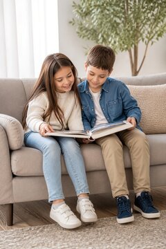 Kids happily looking at a photo album together on a sofa