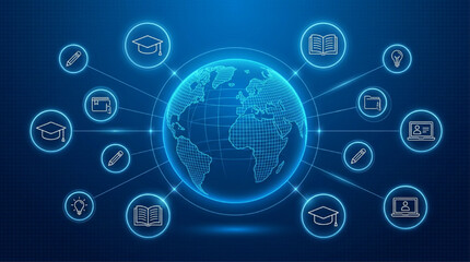 Obraz premium Global Distance Education Concept with Digital Earth and Radial Learning Icons