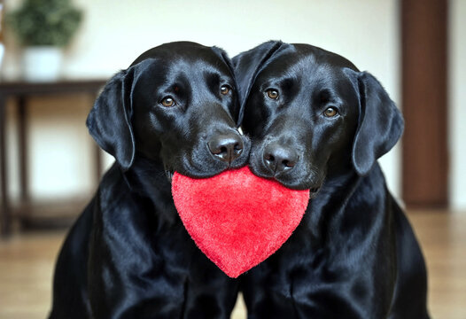 Two adorable black labrador dogs sitting closely together holding a red heart shape in their mouths