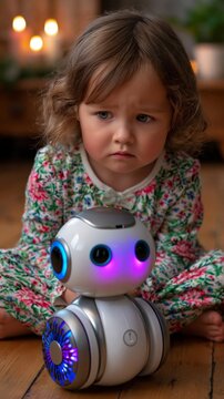 A young child with curly hair looks at a small robot with glowing lights on a wooden floor background.