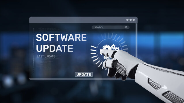 A futuristic robotic hand interacts with a software update interface displayed on a sleek digital screen, emphasizing advancements in technology and automation. Synapse