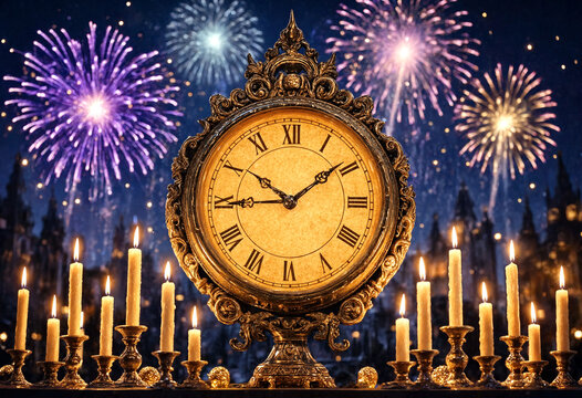 Vintage ornate clock surrounded by lit candles and fireworks celebrating a magical new year event