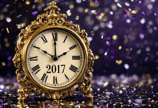 Vintage ornate golden clock showing midnight and the year two thousand seventeen celebration concept
