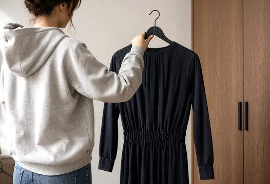 Young woman in a cozy hoodie examining a black dress on a hanger indoors