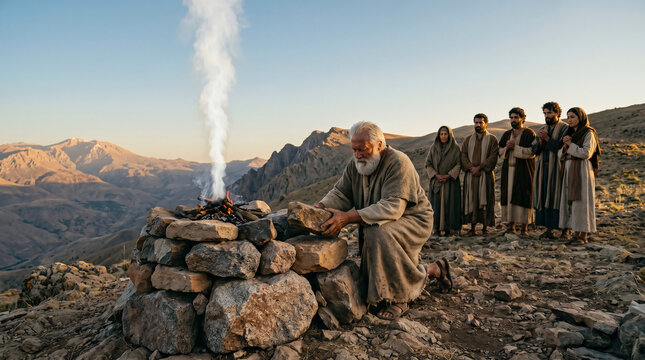 Noah building the first stone altar to God after departing the Ark, offering a sacrifice of thanksgiving