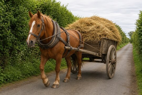 Horse drawn cart loaded with hay on a narrow country lane