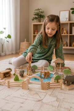 Girl playing joyfully with a toy zoo in a cozy room
