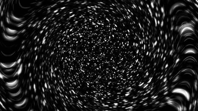 White particle swirl vortex loop background, monochrome glowing energy star