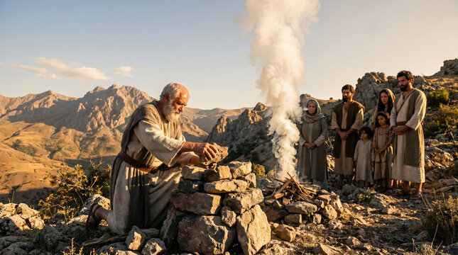 Noah building the first stone altar to God after departing the Ark, offering a sacrifice of thanksgiving