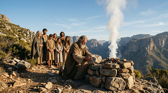 Noah building the first stone altar to God after departing the Ark, offering a sacrifice of thanksgiving