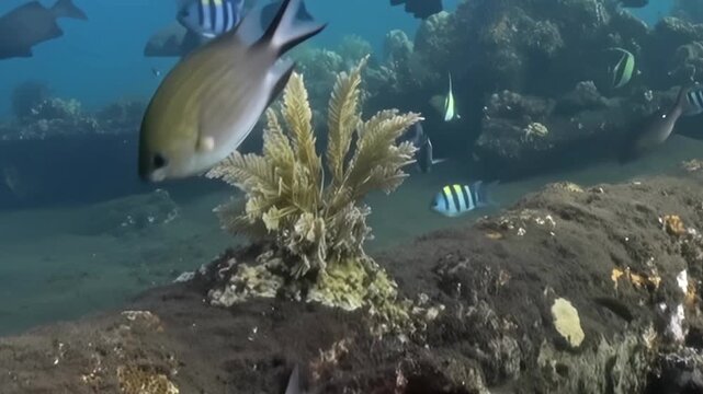 Graceful fish species swim through crystalline ocean depths. They playfully gather around striking golden feather star, nestled on vibrant reef. Gentle sunlight illuminates captivating aquatic realm.