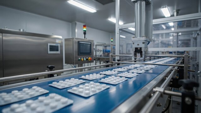 Automated pharmaceutical machinery packaging pills in a modern manufacturing facility. Advanced medical production line concept for the healthcare industry.